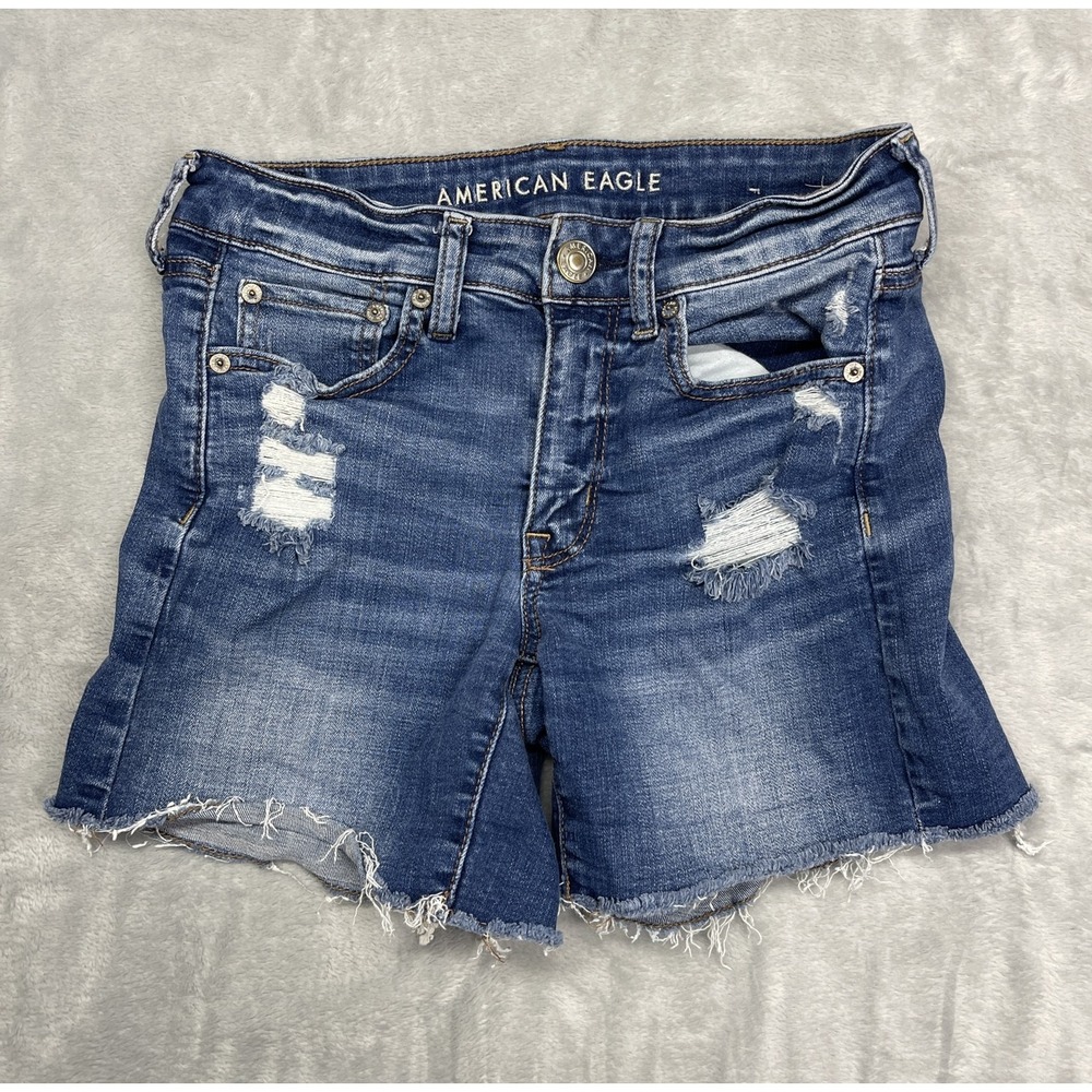 American Eagle Cutt-Off Jean Shorts Womens 4 Blue Denim Super Stretch Distressed